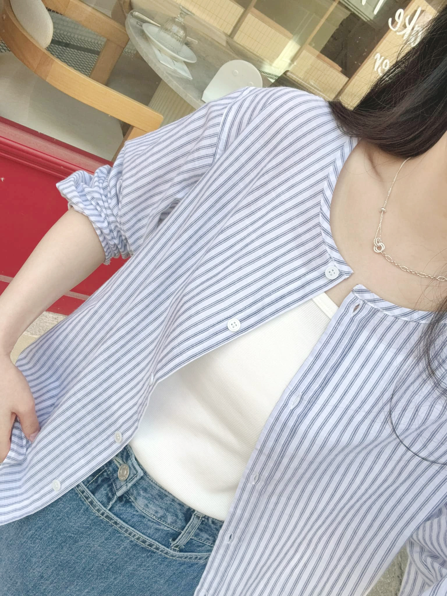 新清直條紋排釦上衣
