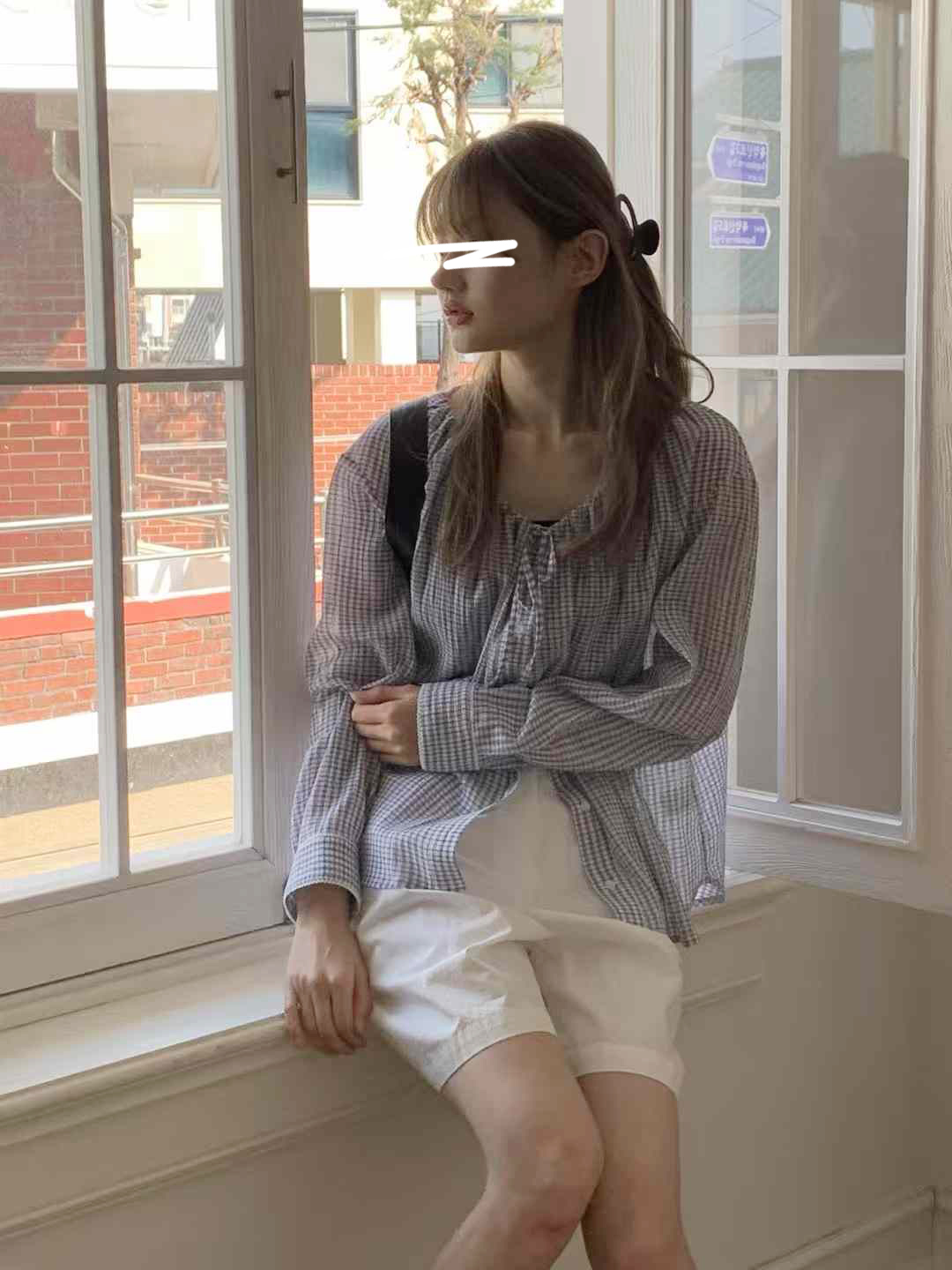 B85.甜美領綁帶小格紋上衣