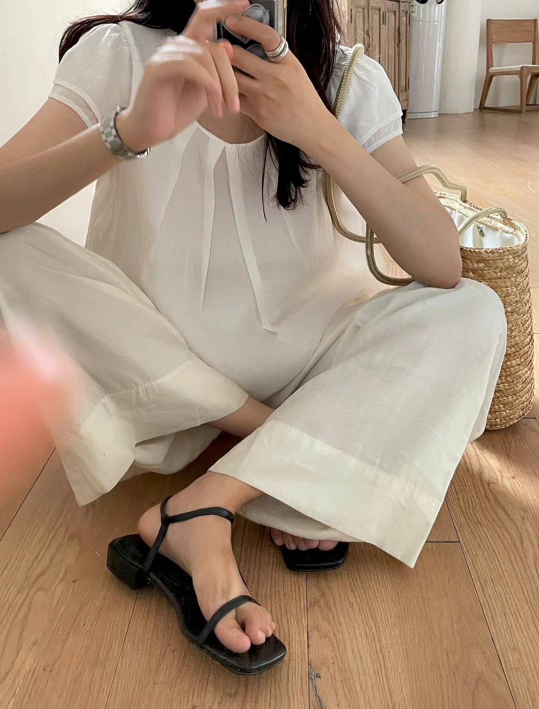 B108.甜美包肩雙層亞麻上衣