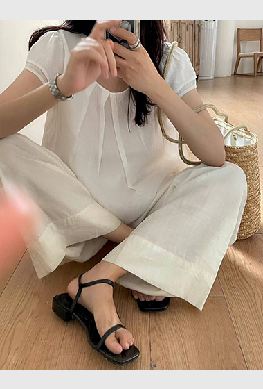 B108.甜美包肩雙層亞麻上衣