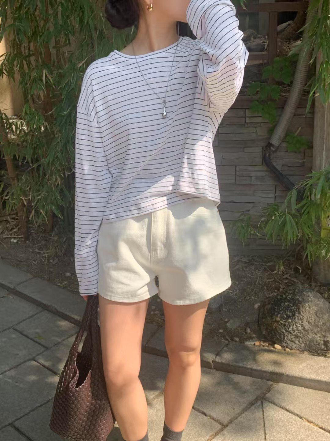 A67.清爽家短版條紋亞麻防曬上衣