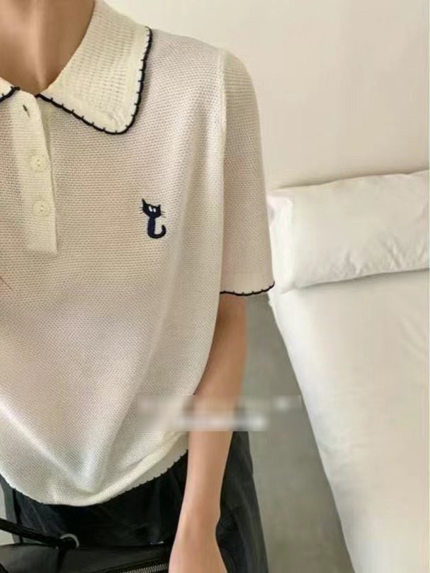 A14.可可家小貓刺繡翻領TEE