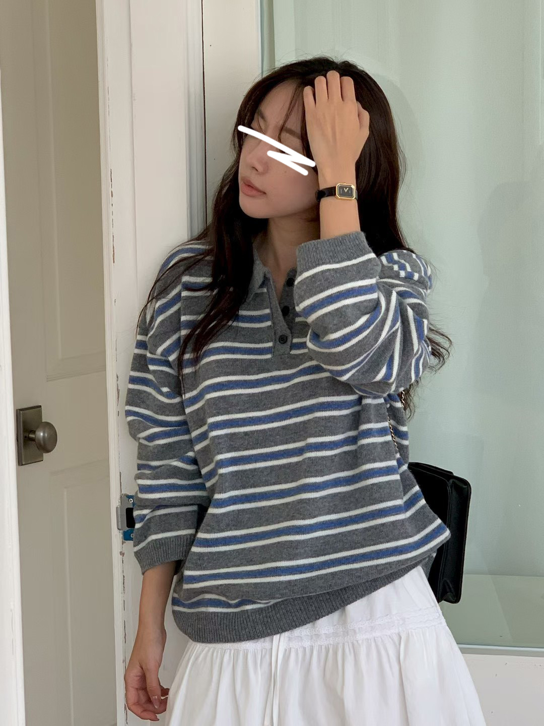 A33.甜姐家3釦POLO領條紋毛衣