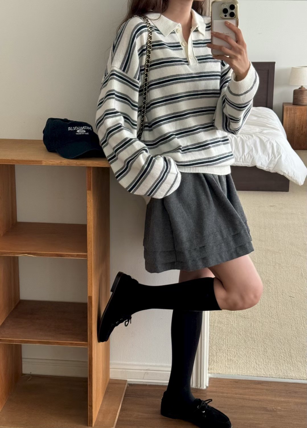 A33.甜姐家3釦POLO領條紋毛衣