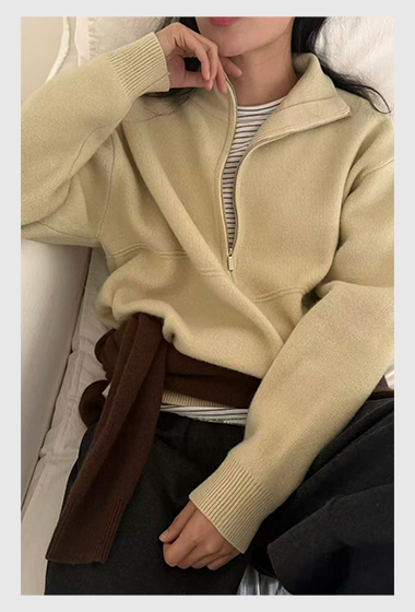 B52.瘦瘦歐膩立領剪接拉鍊毛衣