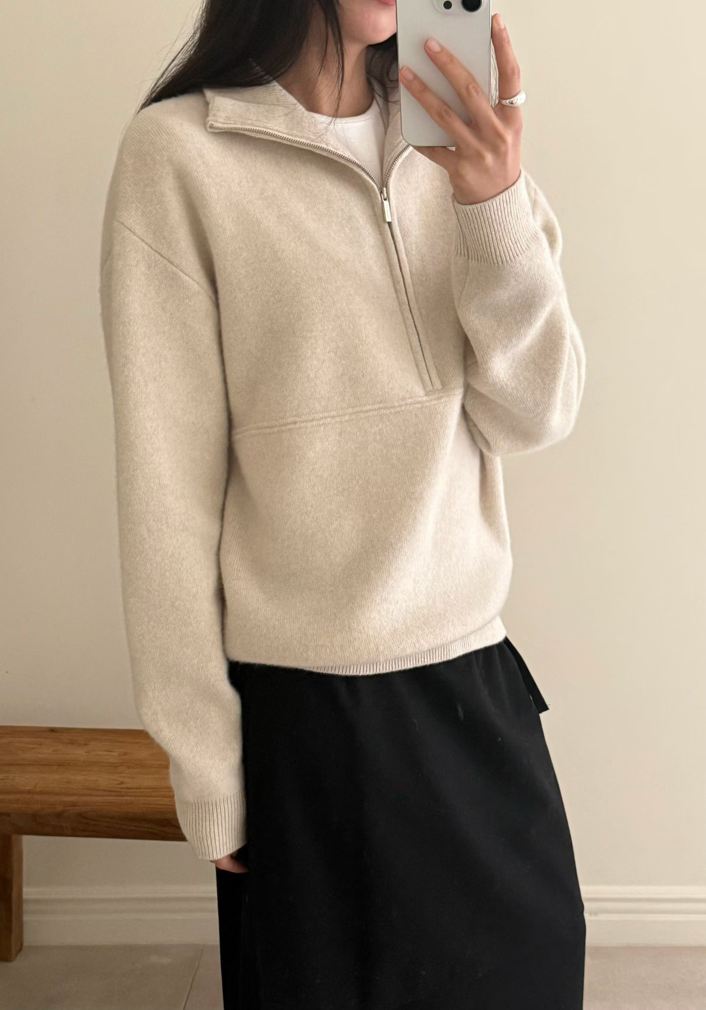 B52.瘦瘦歐膩立領剪接拉鍊毛衣