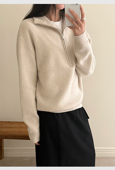 B52.瘦瘦歐膩立領剪接拉鍊毛衣