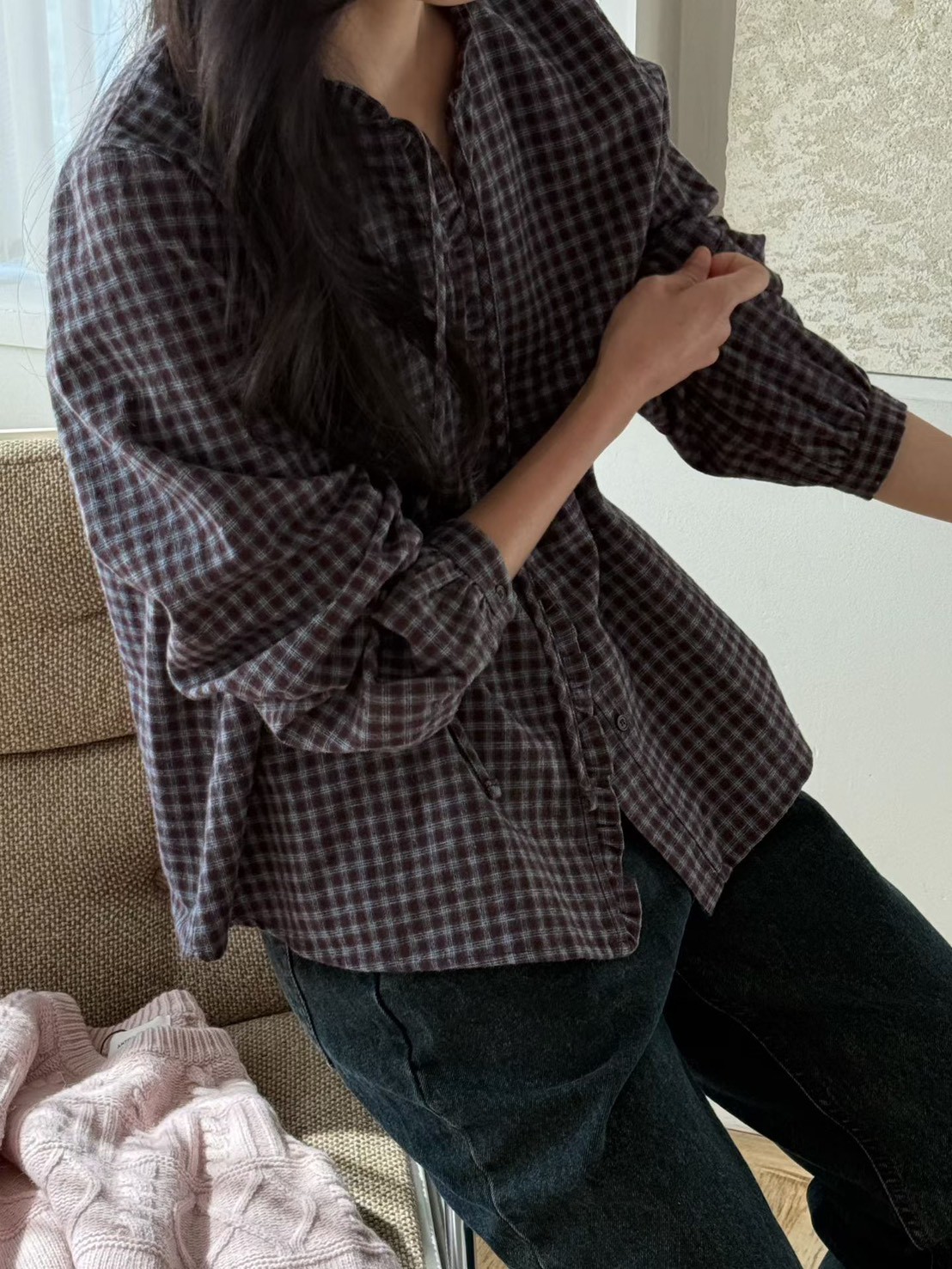 B50.瘦瘦歐膩荷葉小格紋襯衫