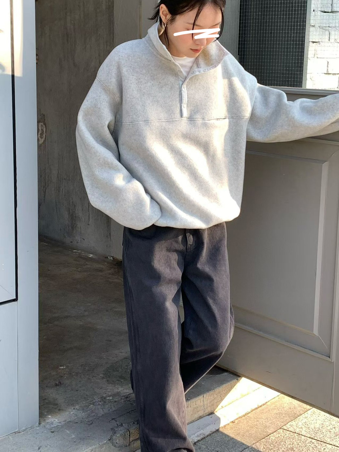 纖瘦家絨面半排釦立領上衣