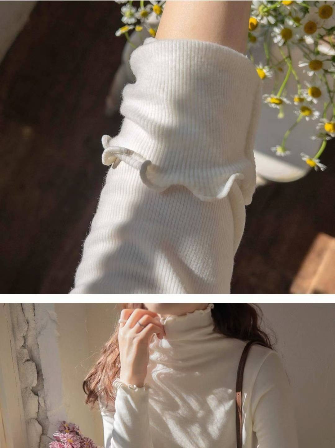 B74.甜美木耳滾邊高領上衣