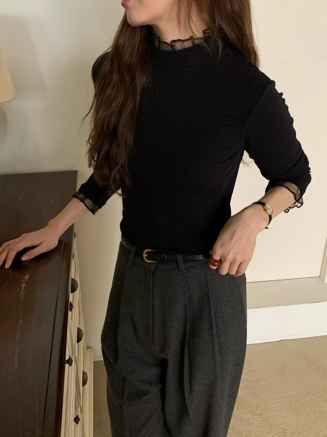 A71.粉彩浪漫波浪高領素色上衣