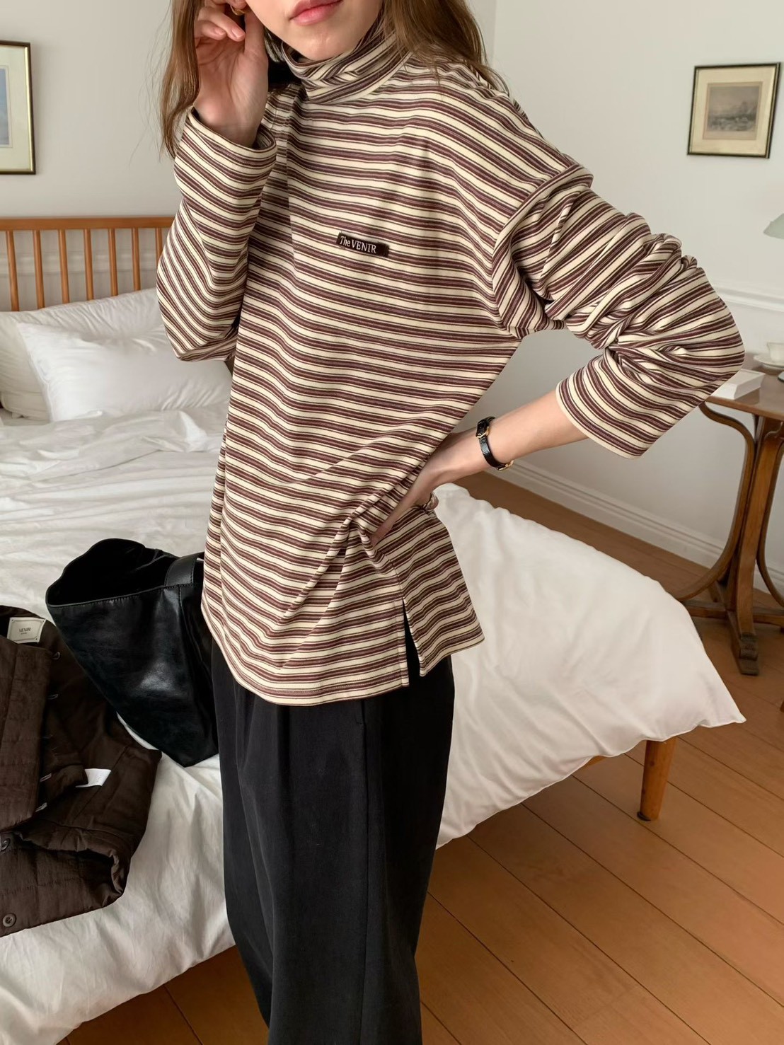 A73.復古彩色條紋高領磨毛上衣