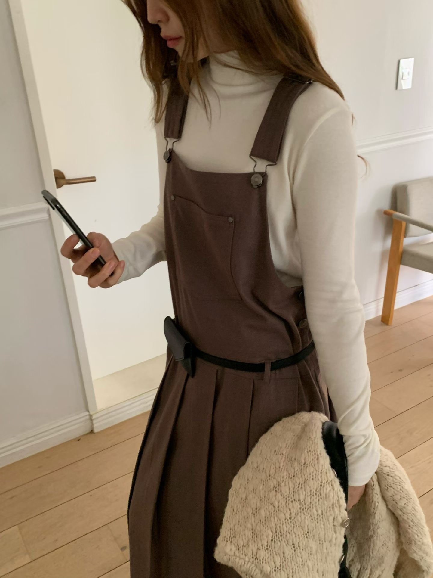 A76.多色素面高領羊毛混紡上衣