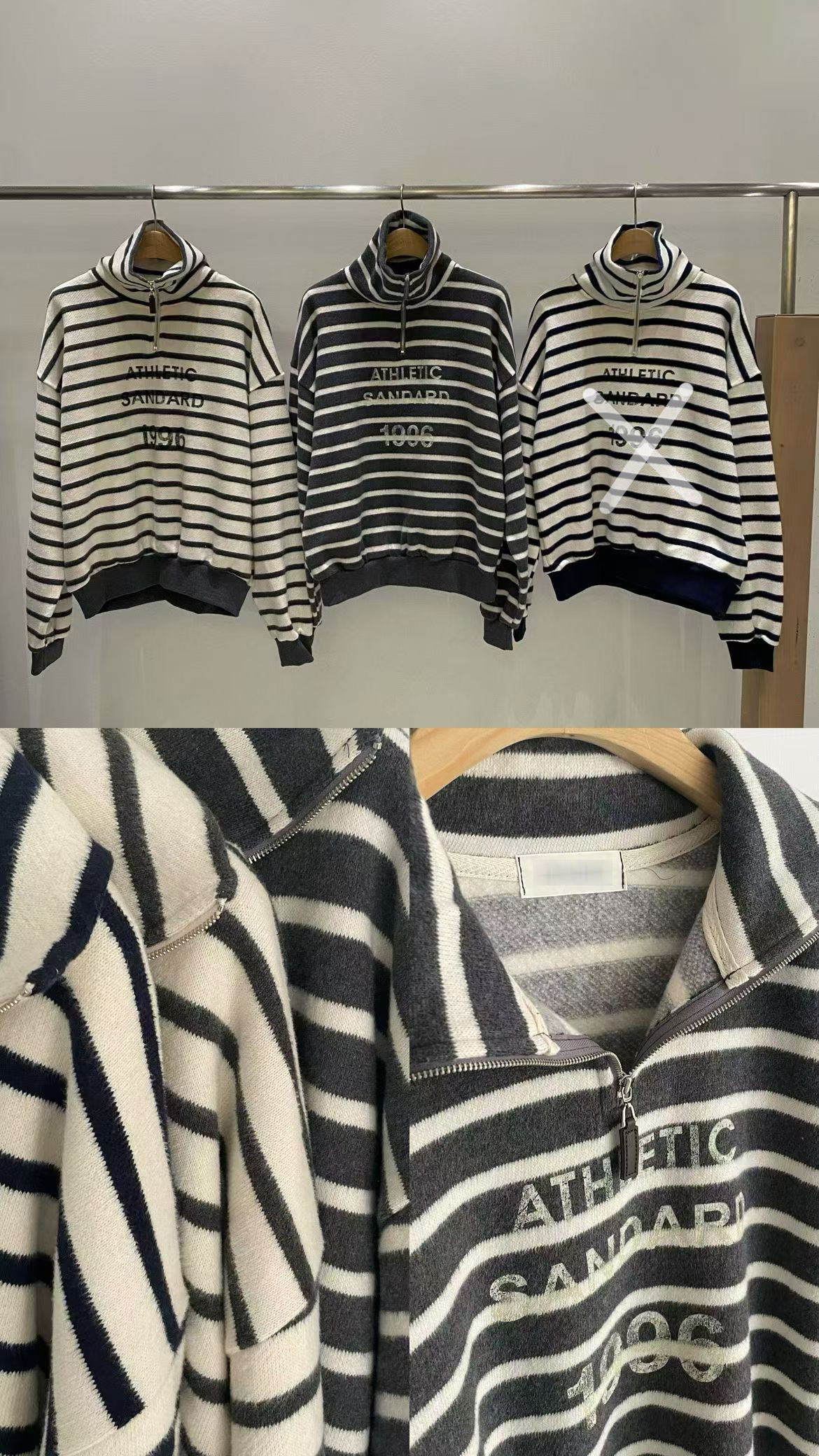 A24.俏皮印字絨面拉鍊翻領條紋TEE