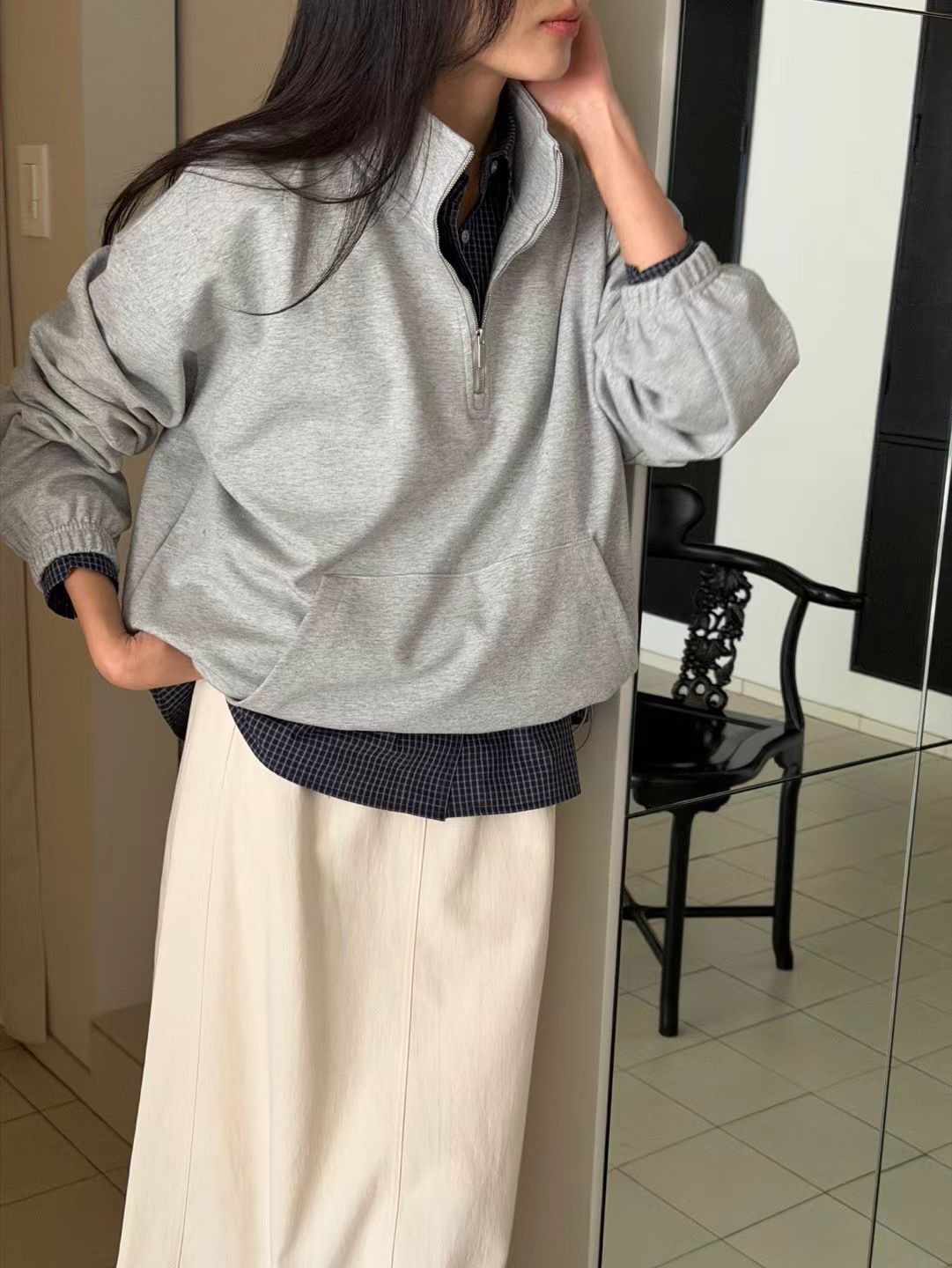 B27.瘦瘦歐膩可立領拉鍊大口袋上衣