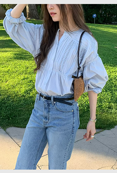 B70.溫柔淡雅蕾絲壓褶罩衫