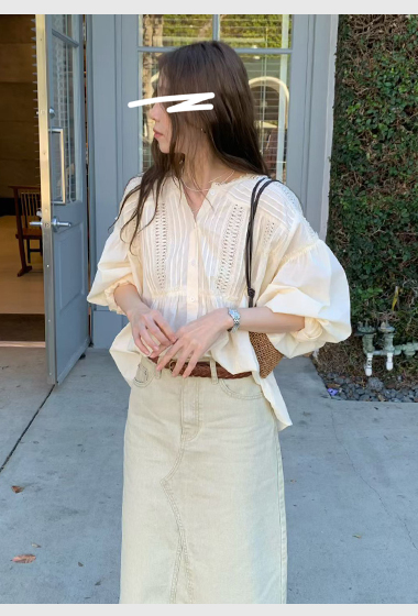 B70.溫柔淡雅蕾絲壓褶罩衫