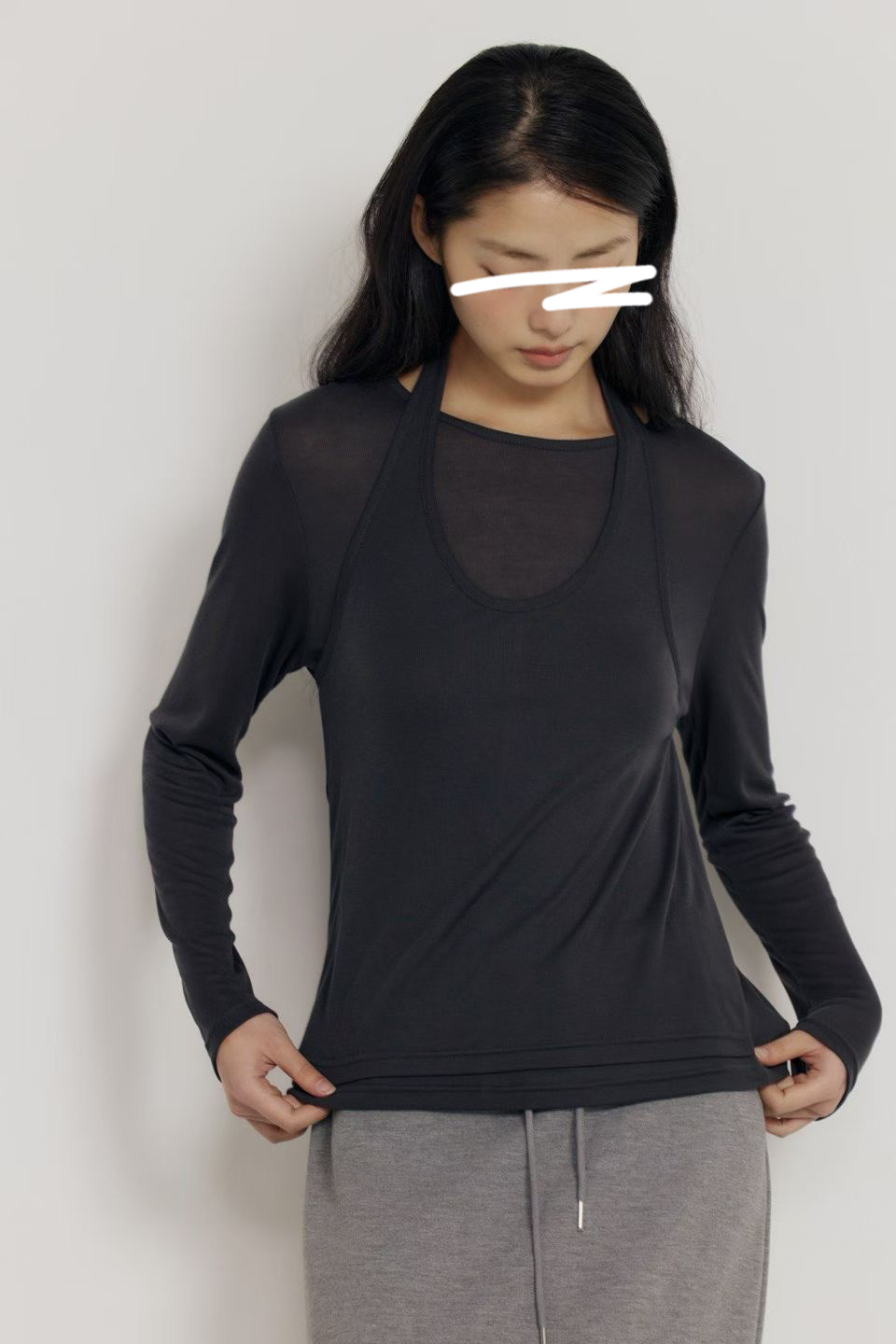 A67.瘦瘦歐膩假兩件繞脖上衣