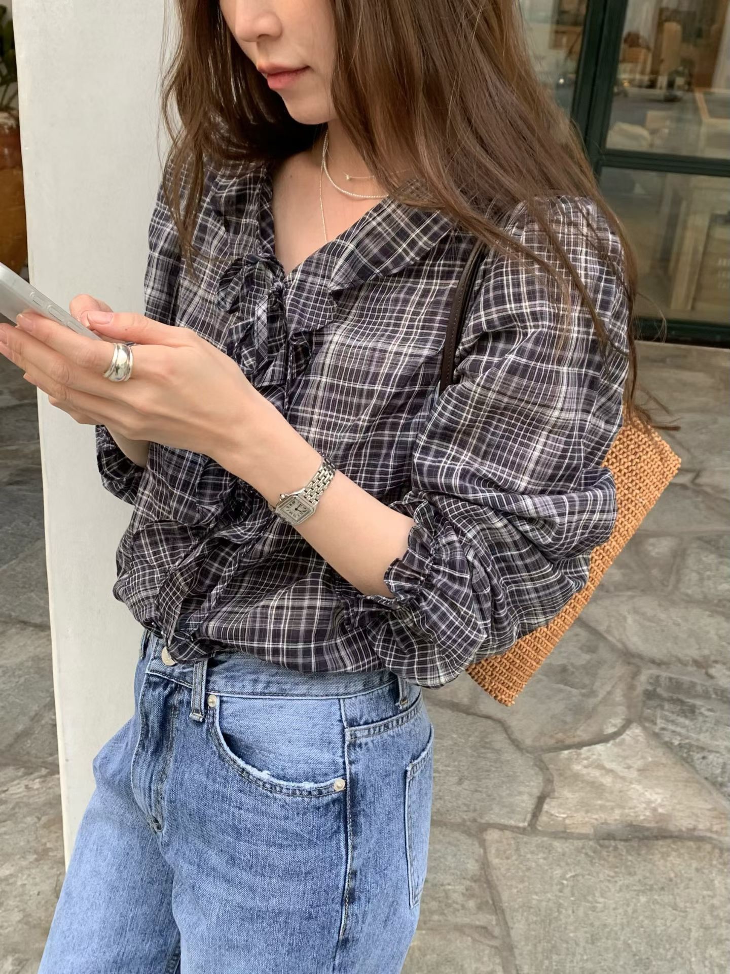 A67.復古女孩荷葉格紋上衣