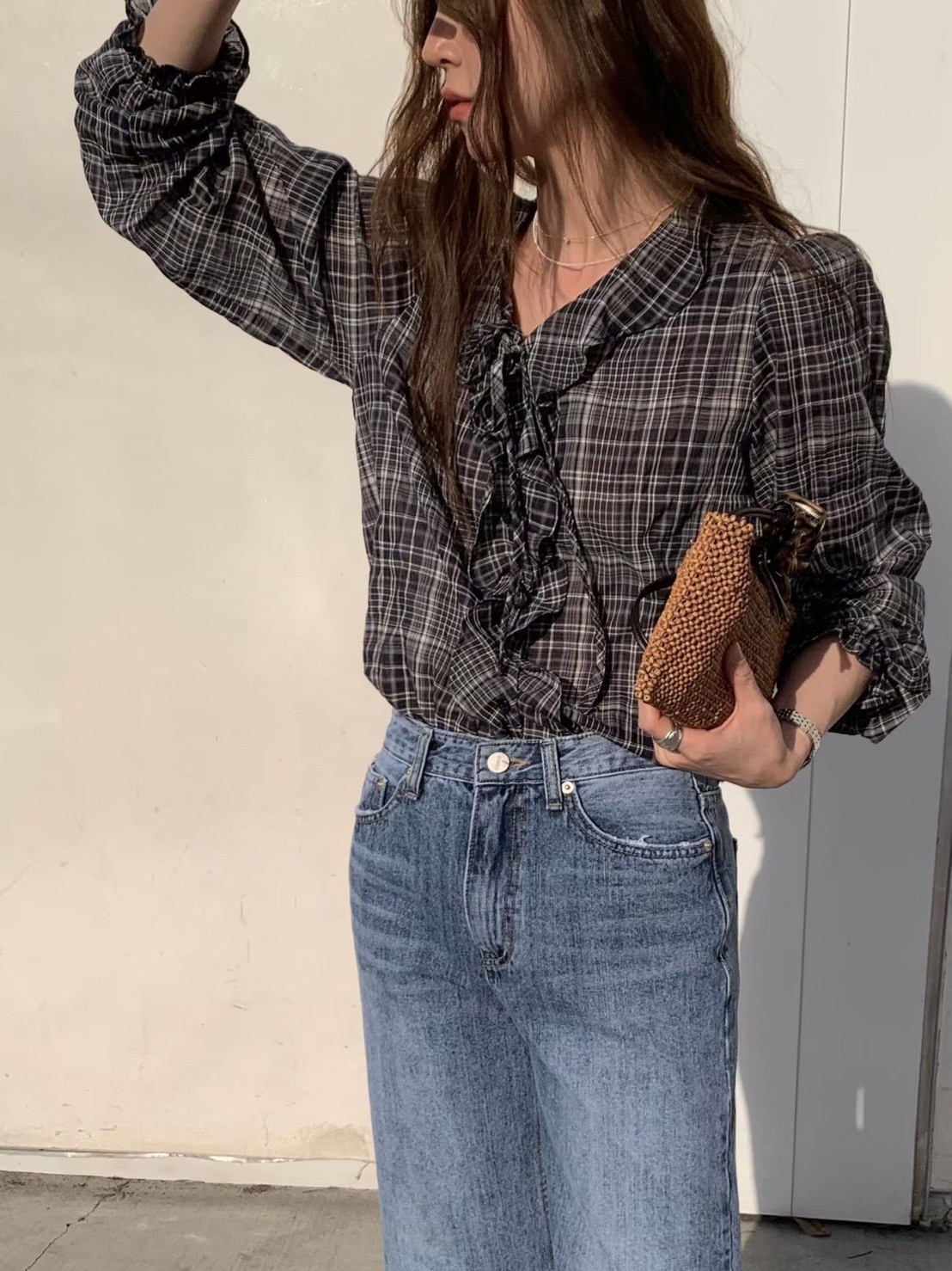 A67.復古女孩荷葉格紋上衣