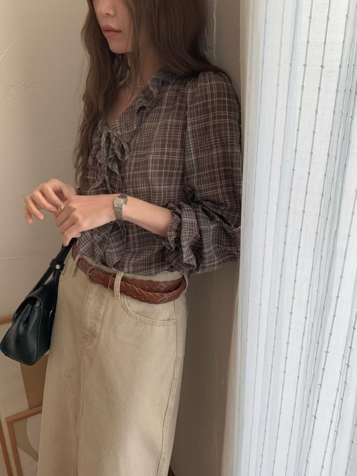 A67.復古女孩荷葉格紋上衣