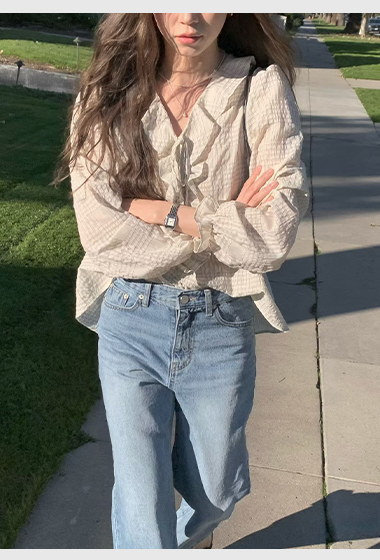 A67.復古女孩荷葉格紋上衣