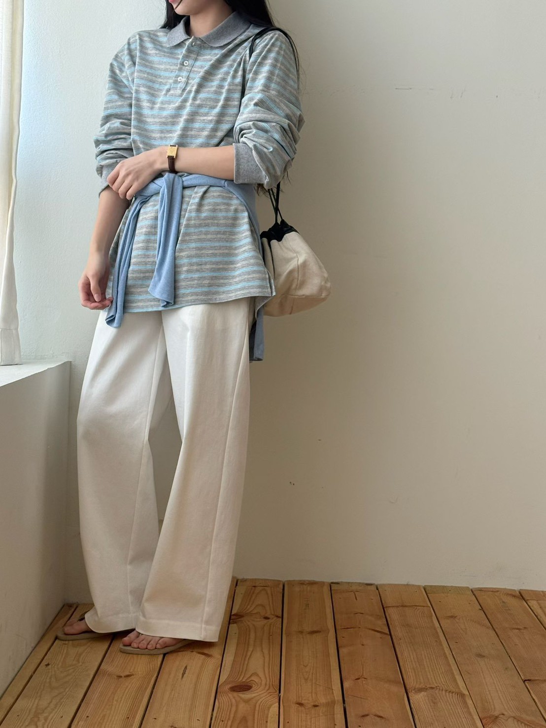 B04.復古撞色領POLO條紋上衣