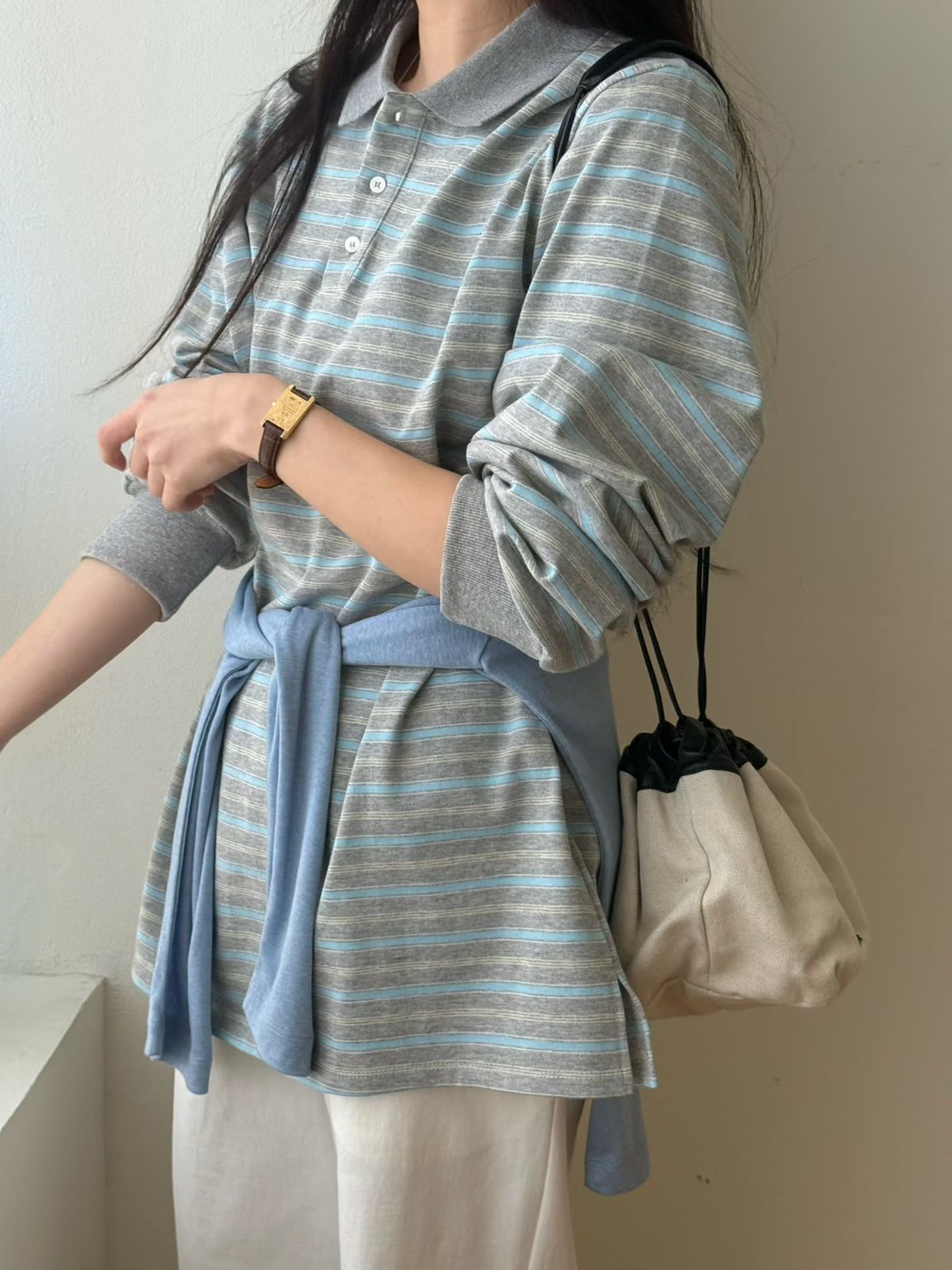 B04.復古撞色領POLO條紋上衣