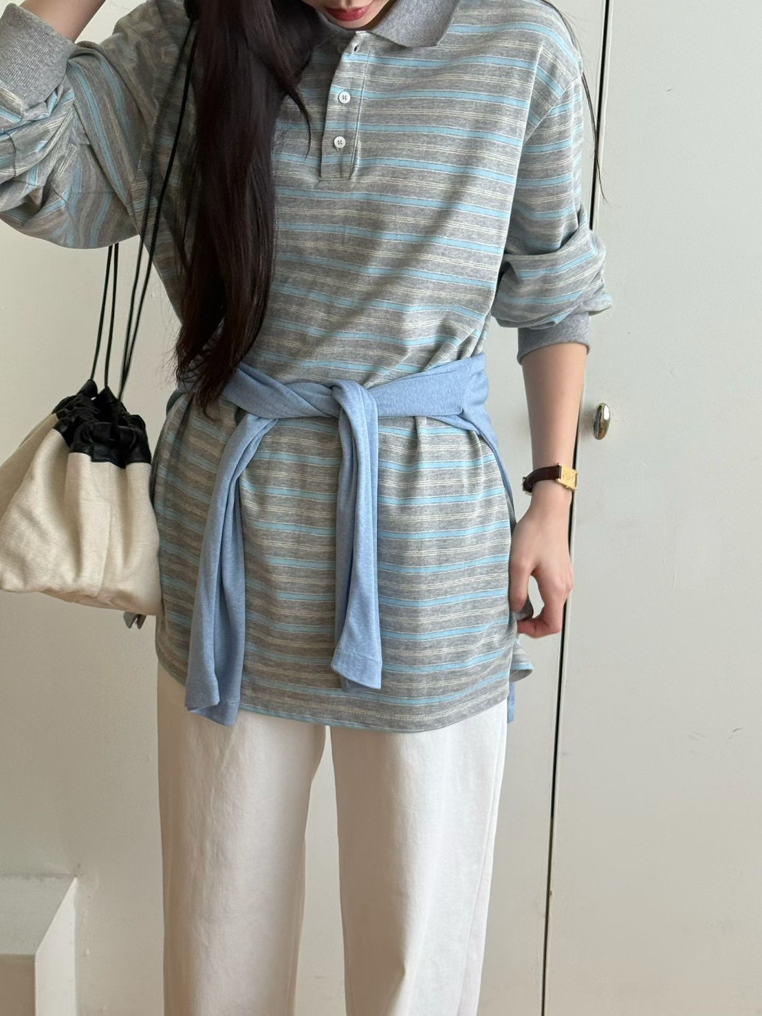 B04.復古撞色領POLO條紋上衣