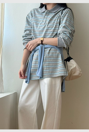 B04.復古撞色領POLO條紋上衣