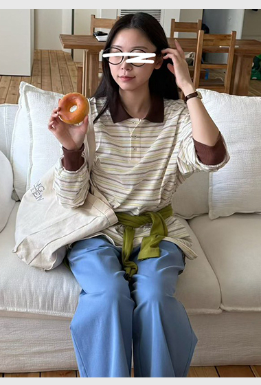 B04.復古撞色領POLO條紋上衣