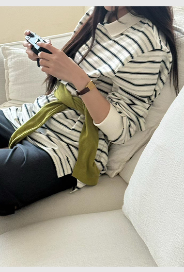 B04.復古撞色領POLO條紋上衣