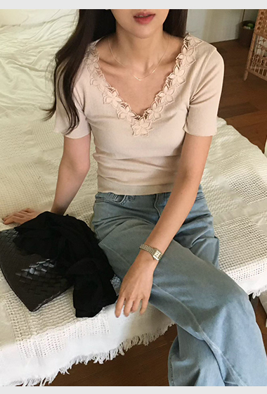 B30.櫥窗家V領花朵坑條上衣