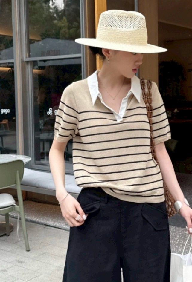 A16.海洋POLO領和紙條紋上衣