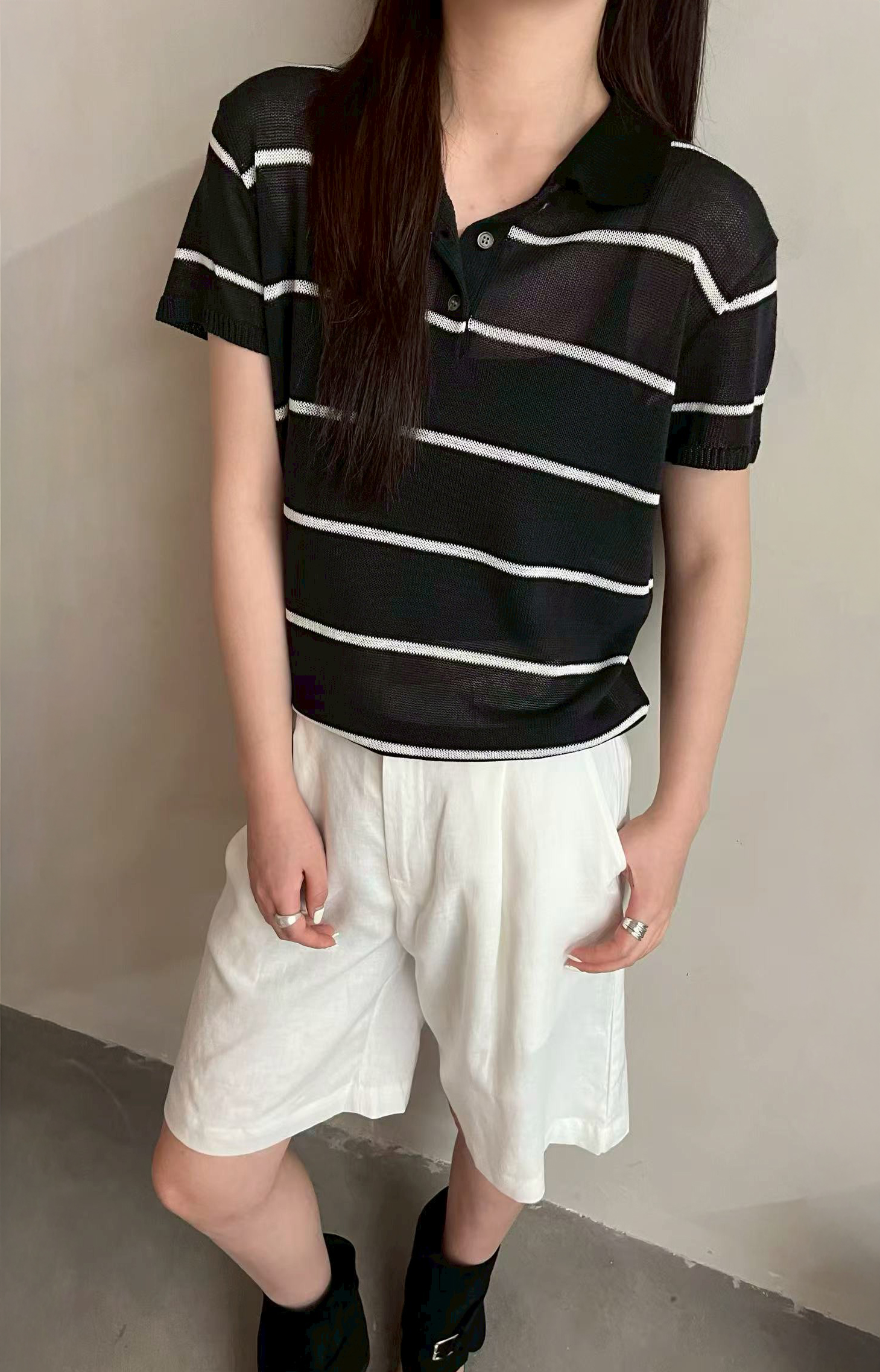 B94.夏日條紋亞麻棉POLO衣