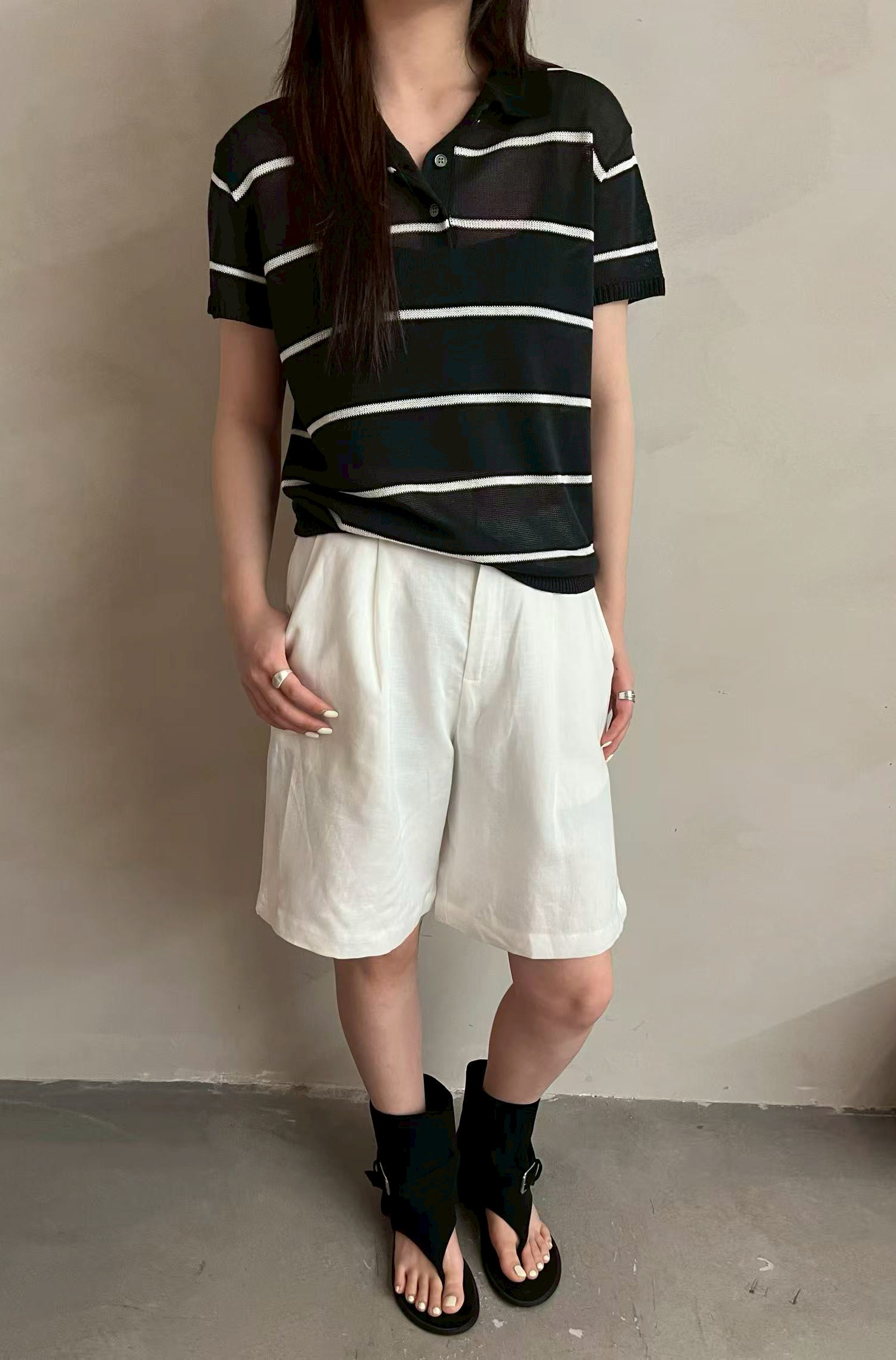 B94.夏日條紋亞麻棉POLO衣