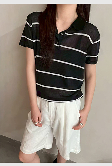 B94.夏日條紋亞麻棉POLO衣