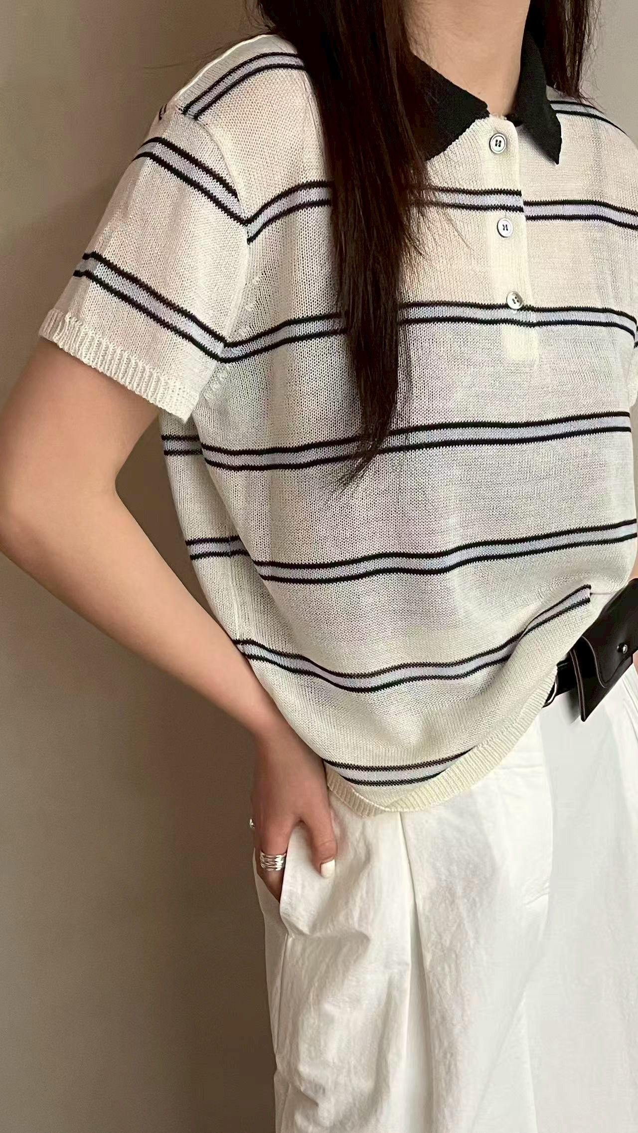 B94.夏日條紋亞麻棉POLO衣