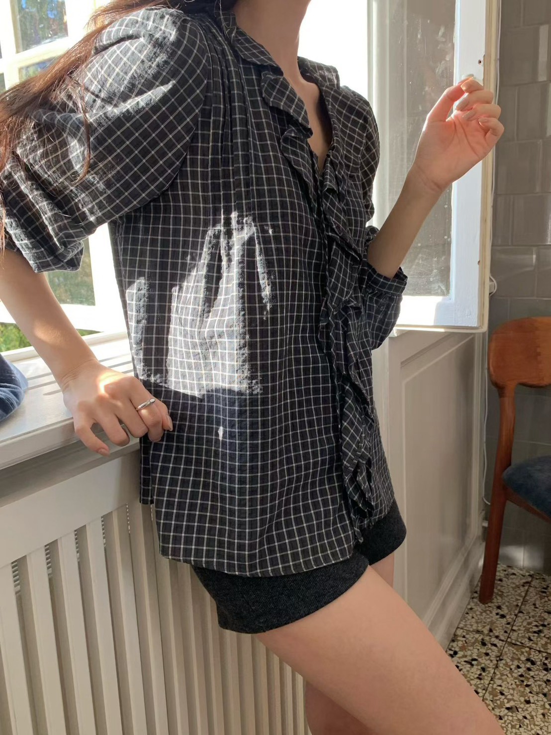 B68.小V家荷葉小格子襯衫