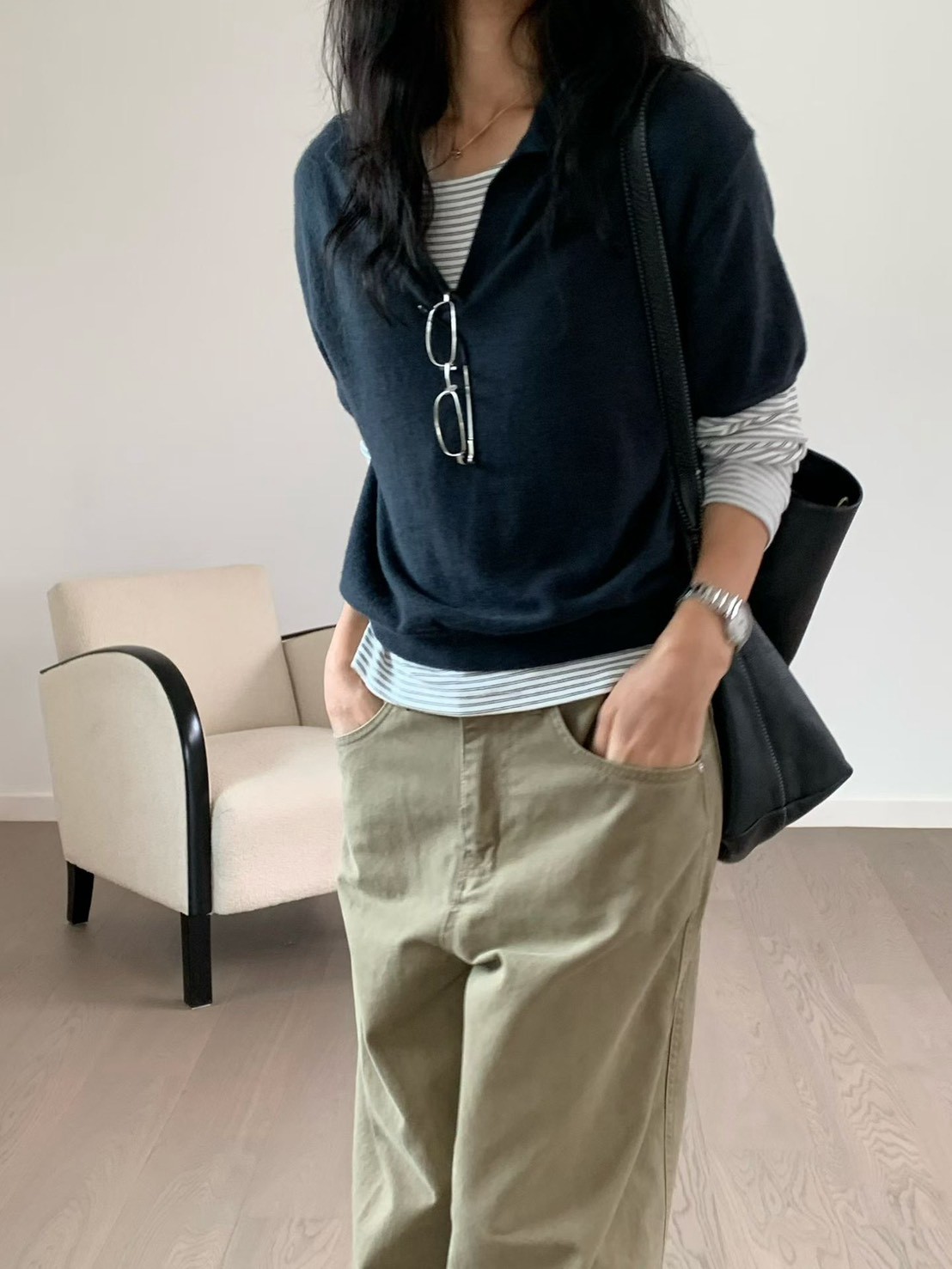 B49.小V家美麗諾高級翻領短袖毛衣