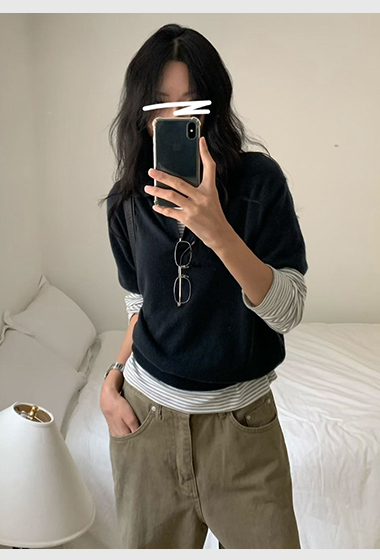B49.小V家美麗諾高級翻領短袖毛衣