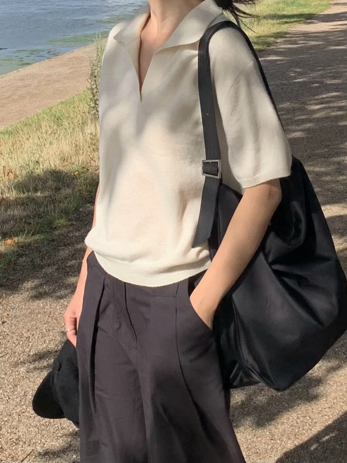 B49.小V家美麗諾高級翻領短袖毛衣