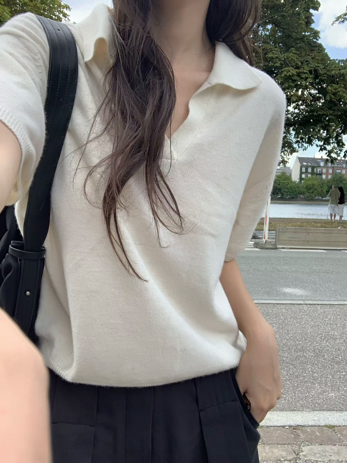 B49.小V家美麗諾高級翻領短袖毛衣
