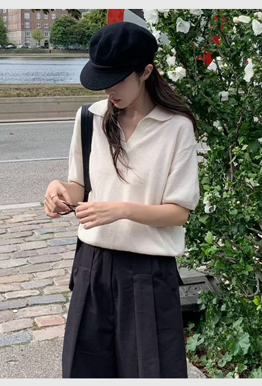 B49.小V家美麗諾高級翻領短袖毛衣