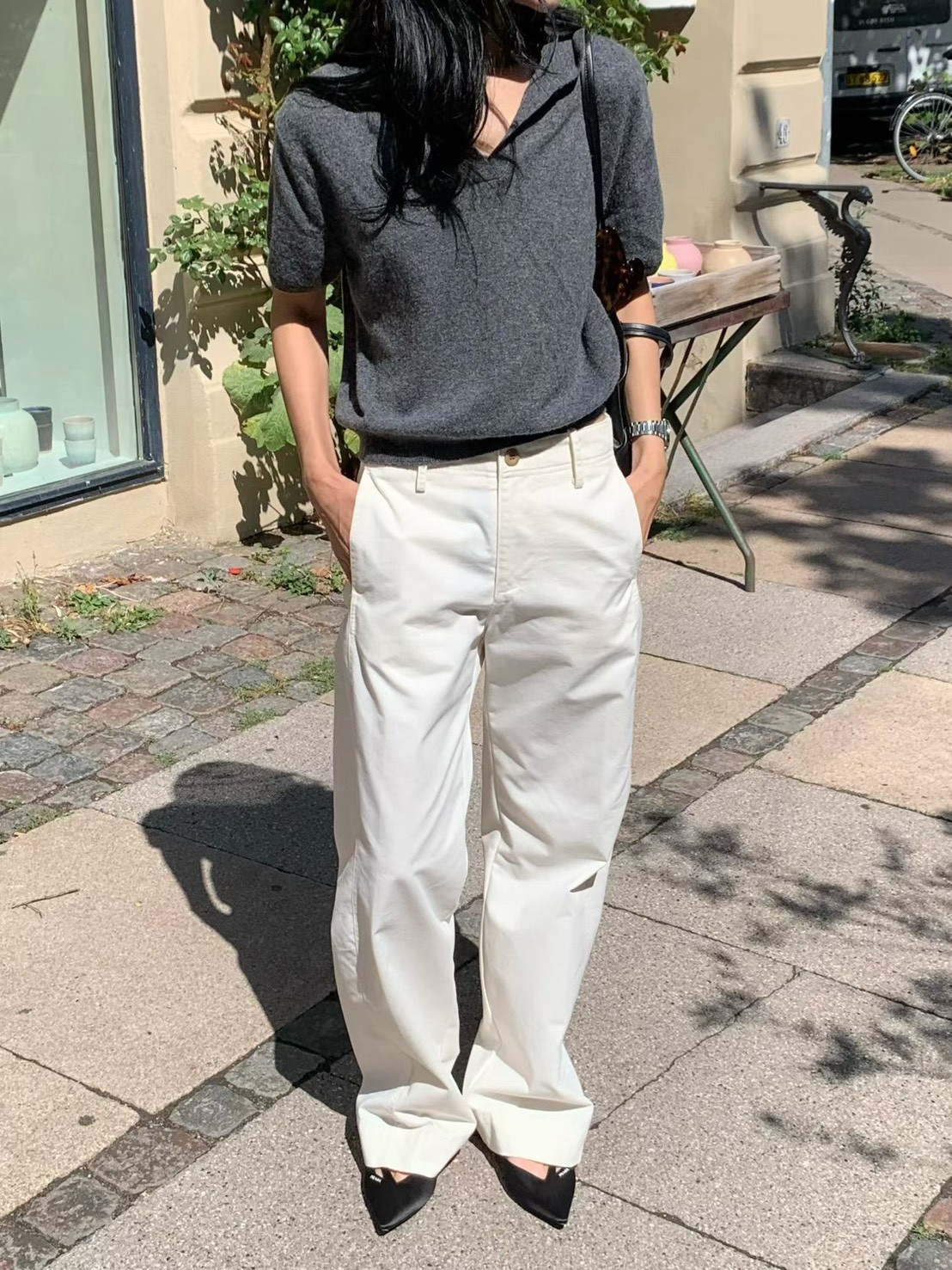 B49.小V家美麗諾高級翻領短袖毛衣