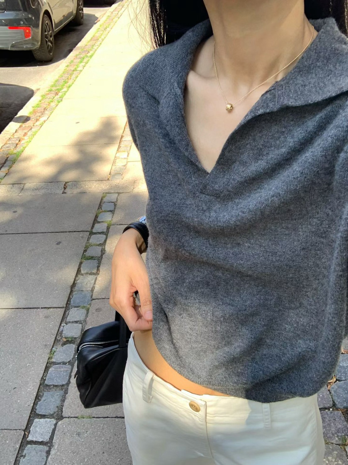 B49.小V家美麗諾高級翻領短袖毛衣