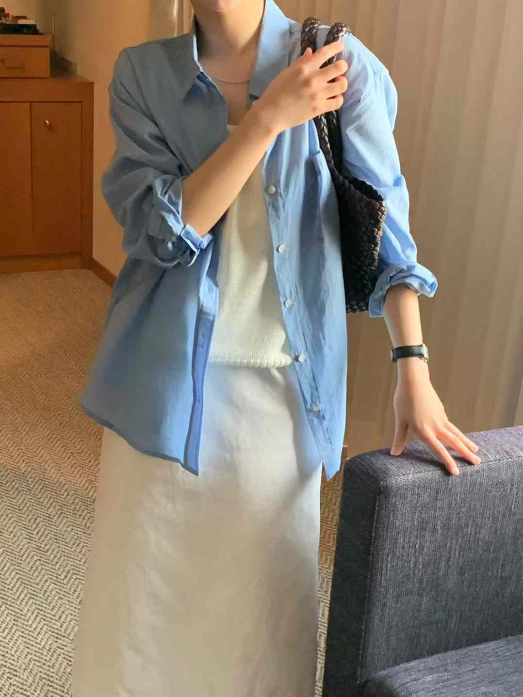 清爽家氣質柔色薄棉襯衫