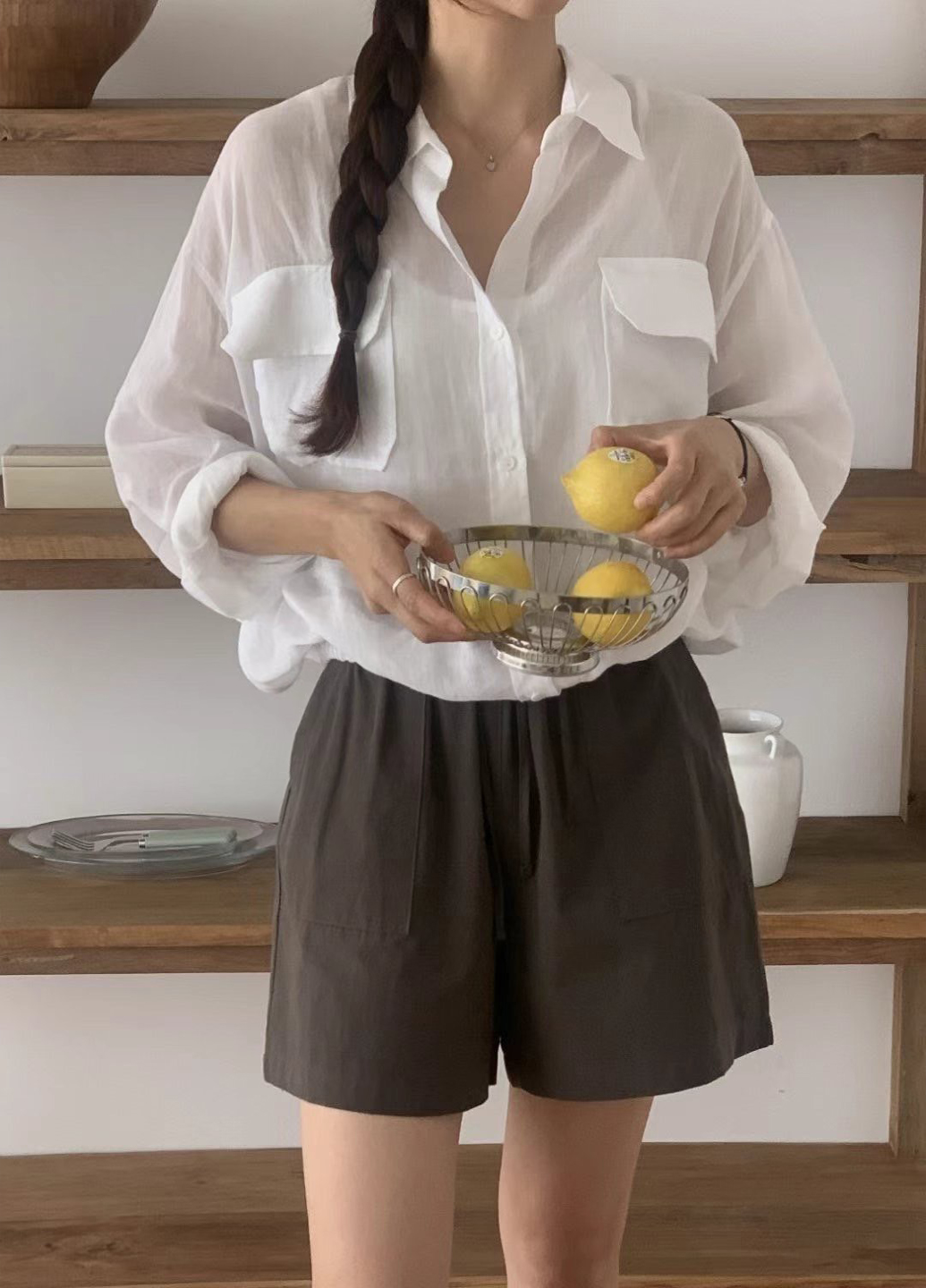 A55.小臉歐膩縮腰雙口袋襯衫