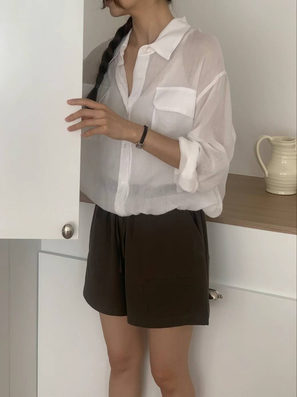 A55.小臉歐膩縮腰雙口袋襯衫