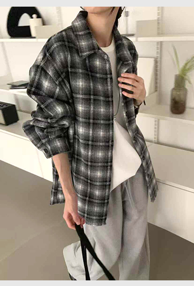 B107.冬日羊毛混紡漸層格紋襯衫外套